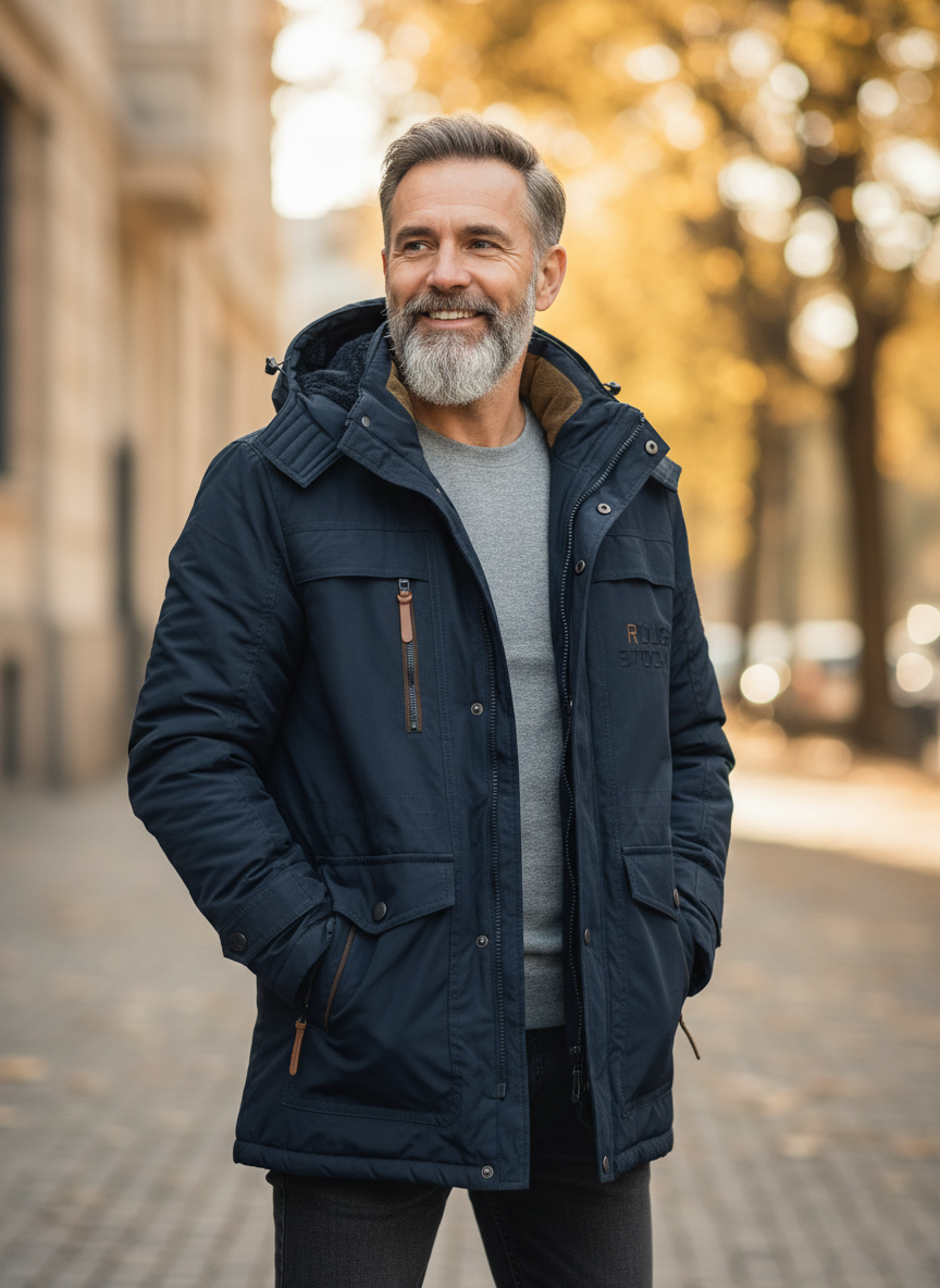 Men's hooded winter jacket with fleece-textured lining, zip front and utility pockets