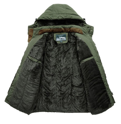 Men's hooded winter jacket with fleece-textured lining, zip front and utility pockets