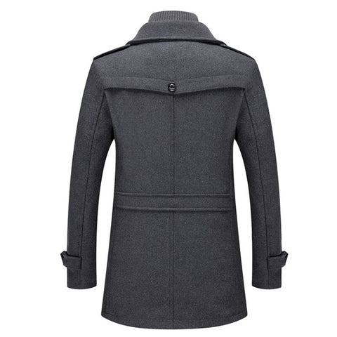 Men's two-piece mid-length coat with stand collar, zipper and button front