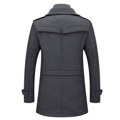 Men's two-piece mid-length coat with stand collar, zipper and button front