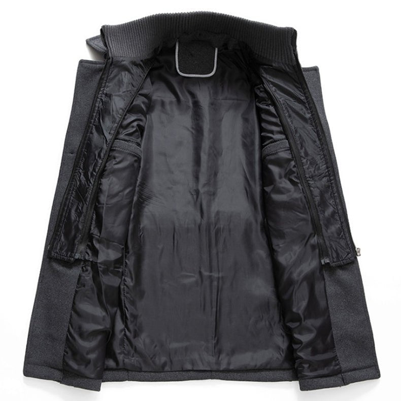 Men's two-piece mid-length coat with stand collar, zipper and button front
