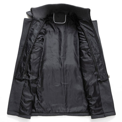 Men's two-piece mid-length coat with stand collar, zipper and button front