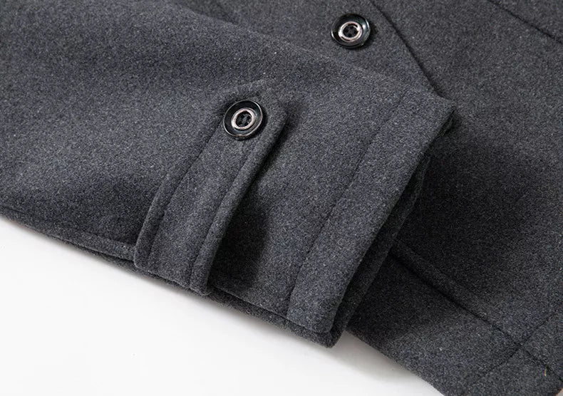 Men's two-piece mid-length coat with stand collar, zipper and button front