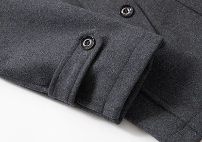 Men's two-piece mid-length coat with stand collar, zipper and button front