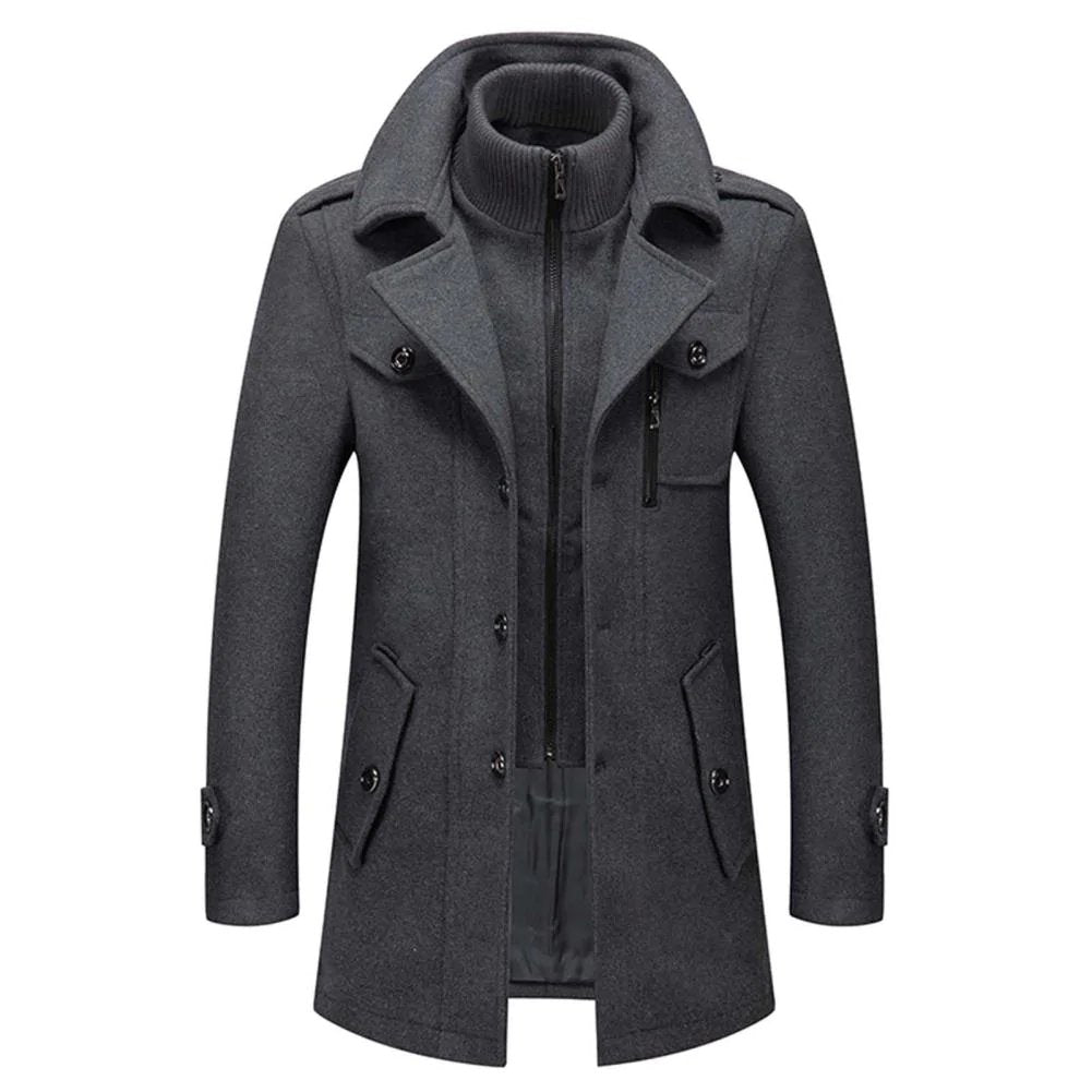 Men's two-piece mid-length coat with stand collar, zipper and button front