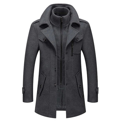 Men's two-piece mid-length coat with stand collar, zipper and button front