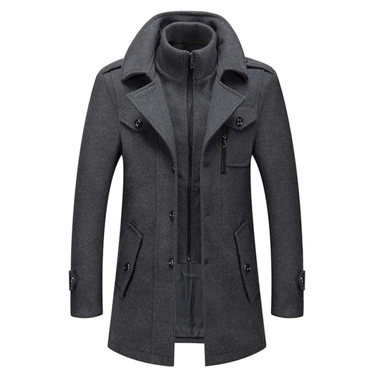 Men's two-piece mid-length coat with stand collar, zipper and button front