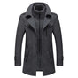 Men's two-piece mid-length coat with stand collar, zipper and button front