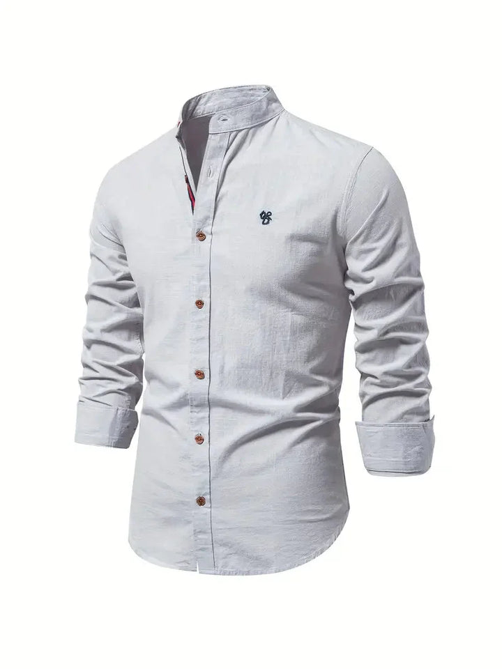 Men's long-sleeve stand collar shirt with button front and curved hem
