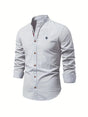 Men's long-sleeve stand collar shirt with button front and curved hem