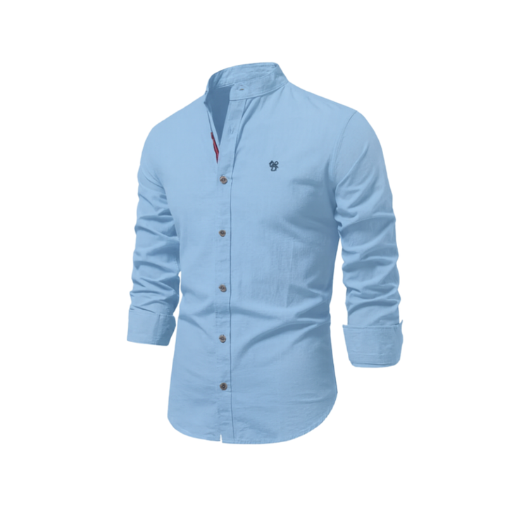 Men's long-sleeve stand collar shirt with button front and curved hem