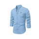 Men's long-sleeve stand collar shirt with button front and curved hem