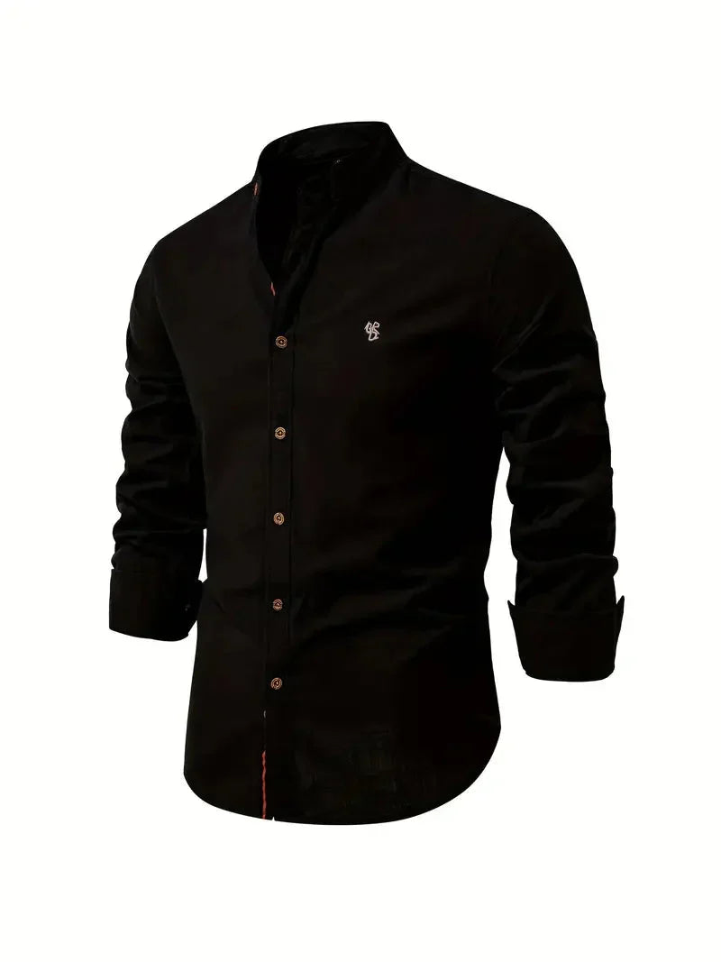 Men's long-sleeve stand collar shirt with button front and curved hem