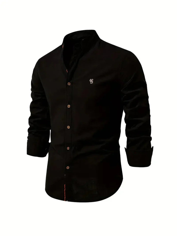 Men's long-sleeve stand collar shirt with button front and curved hem