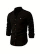 Men's long-sleeve stand collar shirt with button front and curved hem