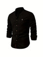 Men's long-sleeve stand collar shirt with button front and curved hem