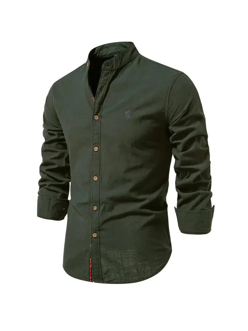 Men's long-sleeve stand collar shirt with button front and curved hem