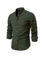 Men's long-sleeve stand collar shirt with button front and curved hem