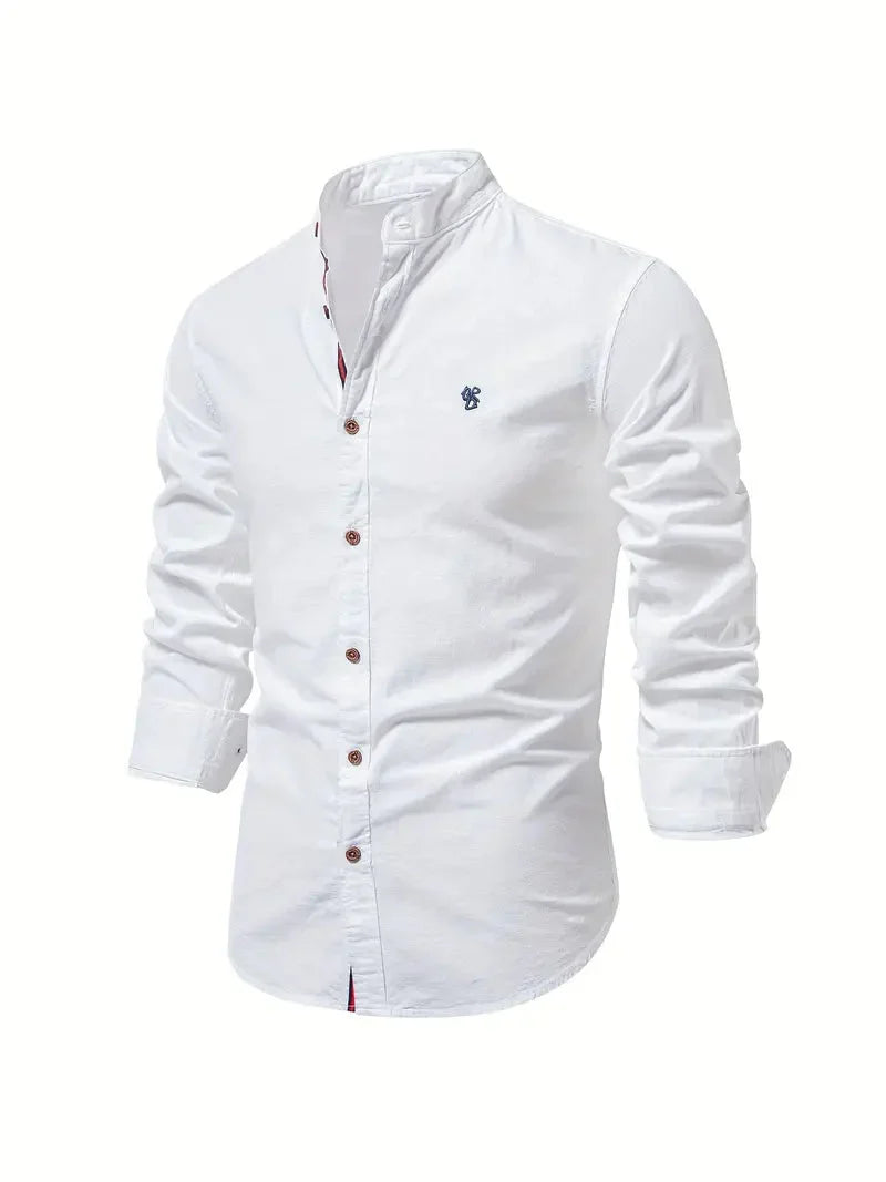 Men's long-sleeve stand collar shirt with button front and curved hem