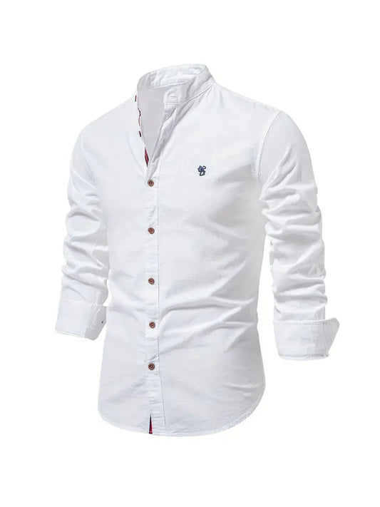 Men's long-sleeve stand collar shirt with button front and curved hem