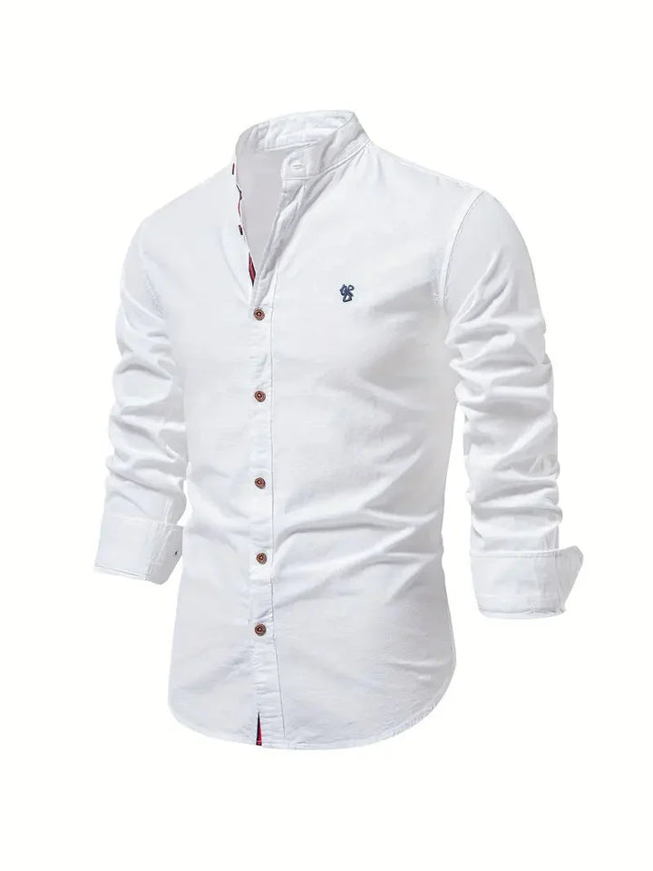 Men's long-sleeve stand collar shirt with button front and curved hem