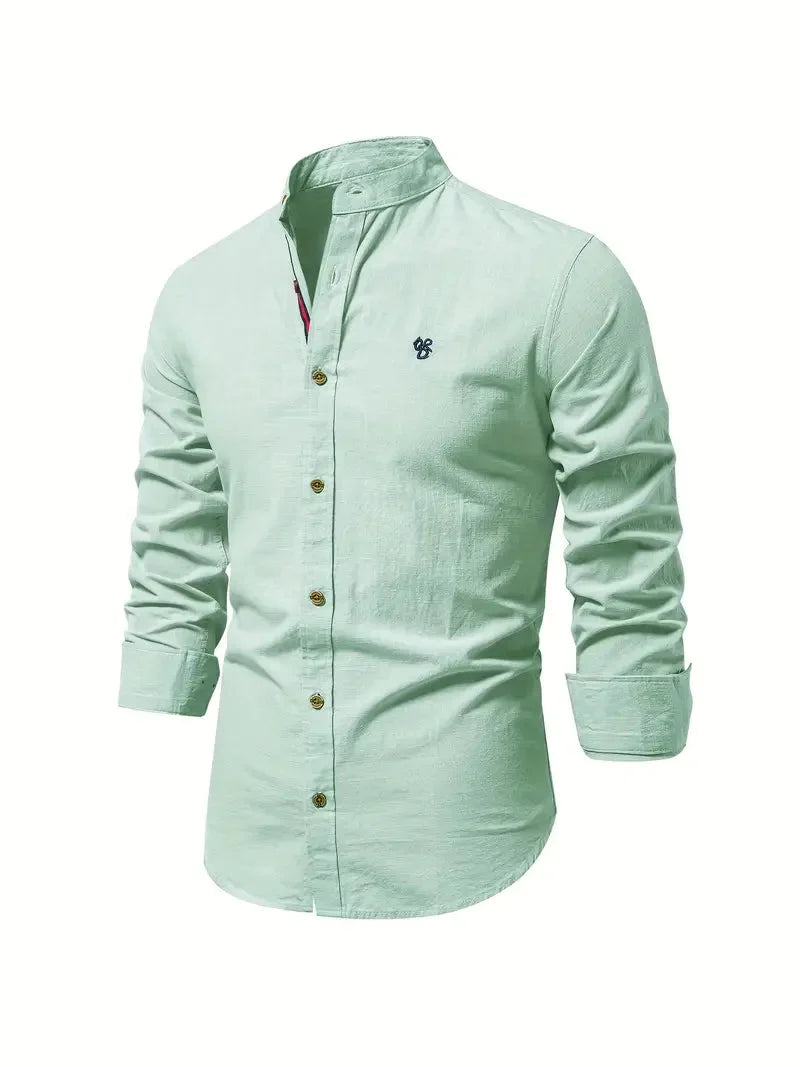 Men's long-sleeve stand collar shirt with button front and curved hem