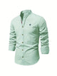 Men's long-sleeve stand collar shirt with button front and curved hem