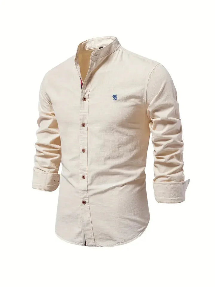 Men's long-sleeve stand collar shirt with button front and curved hem