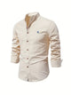 Men's long-sleeve stand collar shirt with button front and curved hem