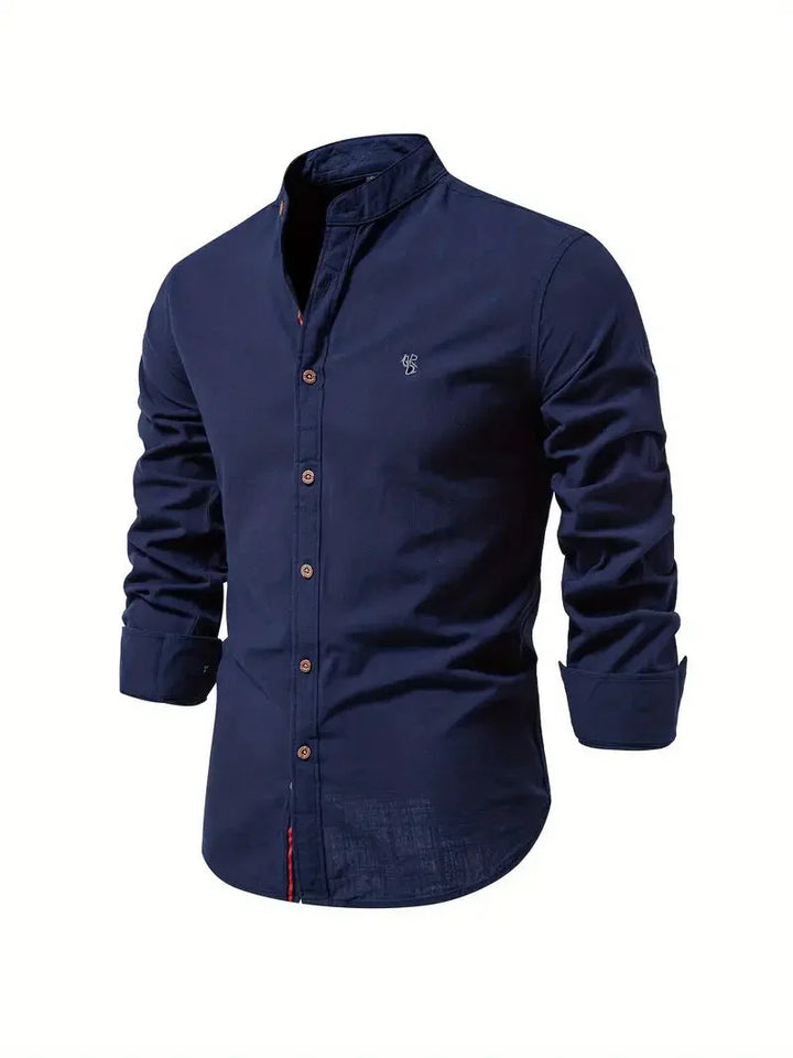 Men's long-sleeve stand collar shirt with button front and curved hem