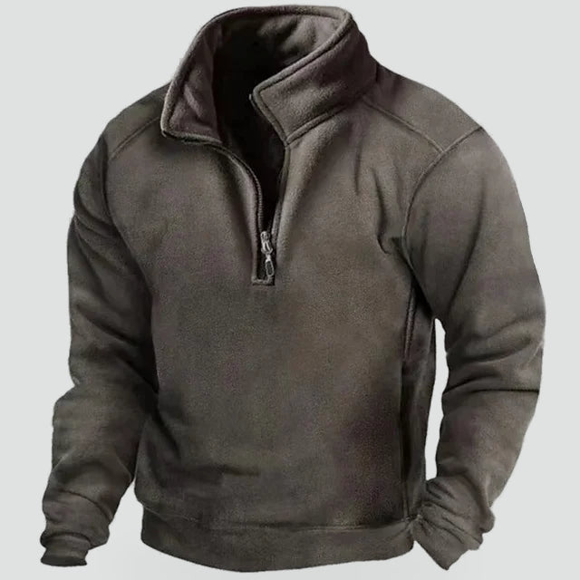 Men's solid half-zip fleece jumper with stand collar and long sleeves