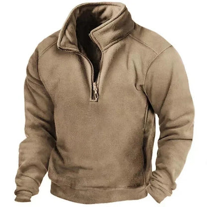 Men's solid half-zip fleece jumper with stand collar and long sleeves