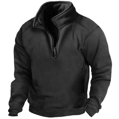 Men's solid half-zip fleece jumper with stand collar and long sleeves