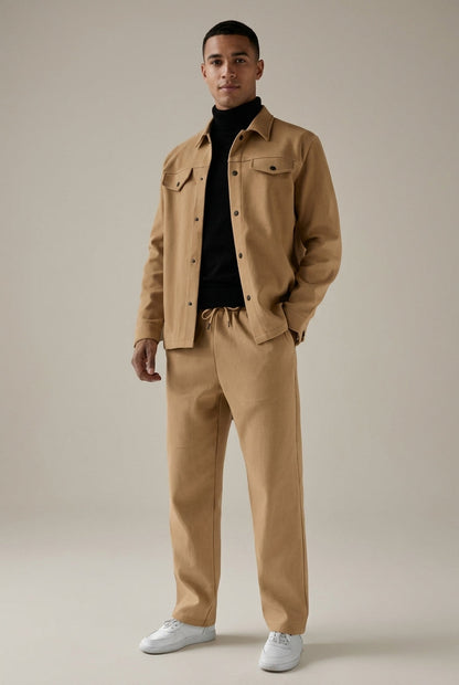 Men's two-piece jacket and straight-leg trousers set with button-front jacket