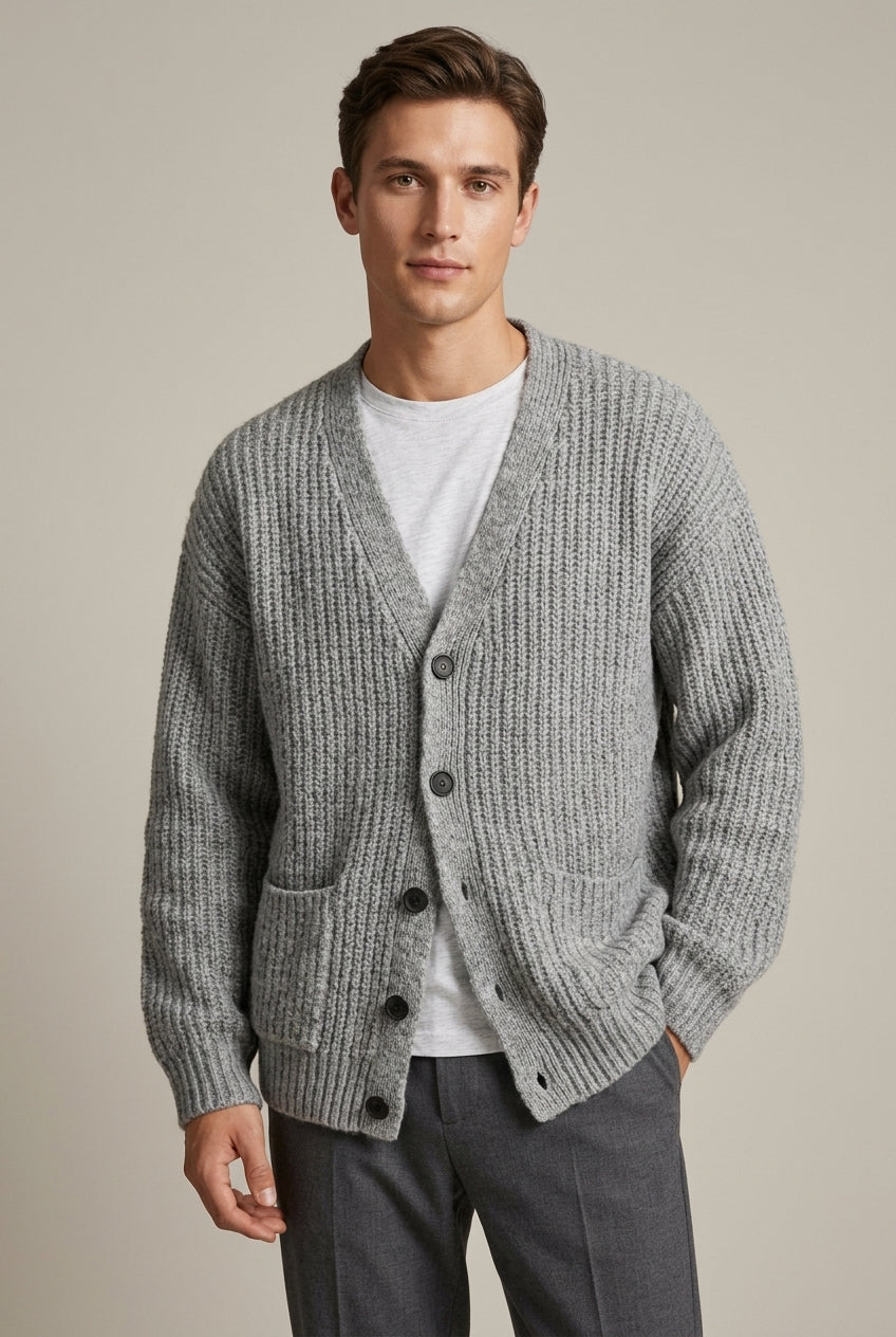 Men's ribbed knit cardigan with V-neck, button front and patch pockets