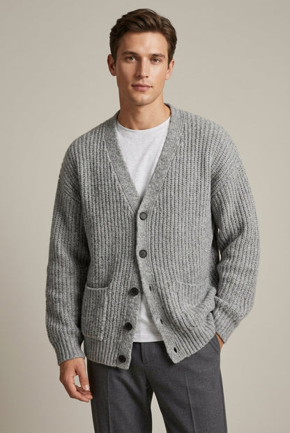Men's ribbed knit cardigan with V-neck, button front and patch pockets