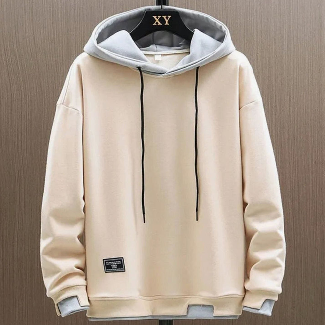 Men's two-tone color-block pullover hoodie with drawstring hood and long sleeves