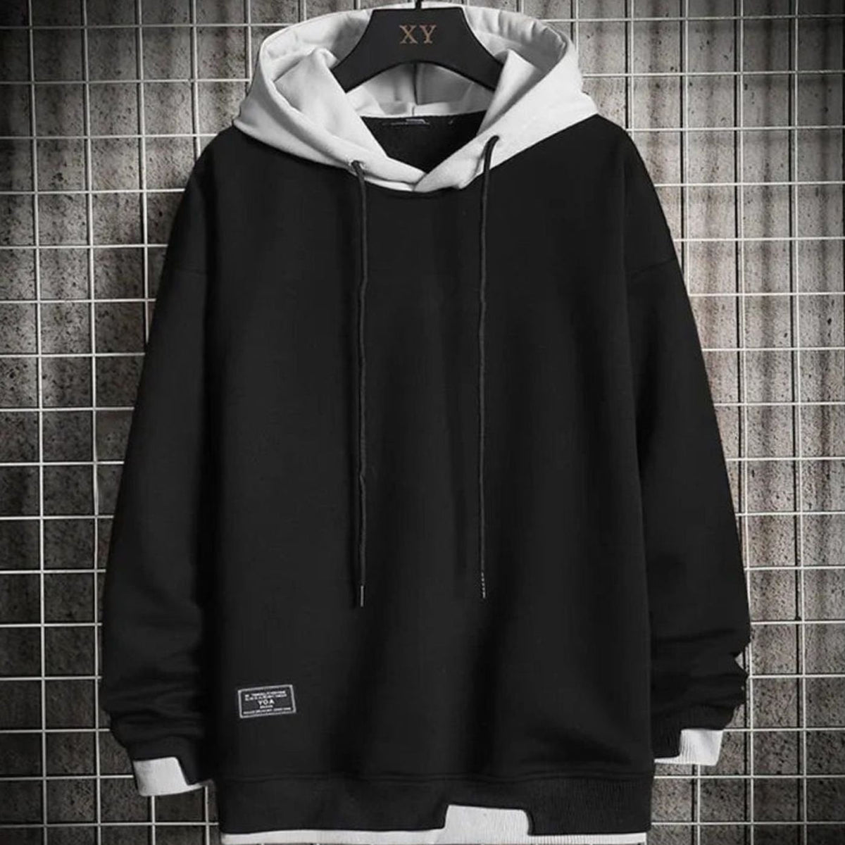 Men's two-tone color-block pullover hoodie with drawstring hood and long sleeves