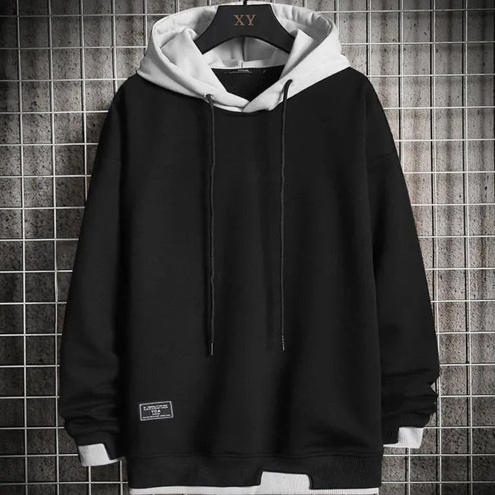 Men's two-tone color-block pullover hoodie with drawstring hood and long sleeves