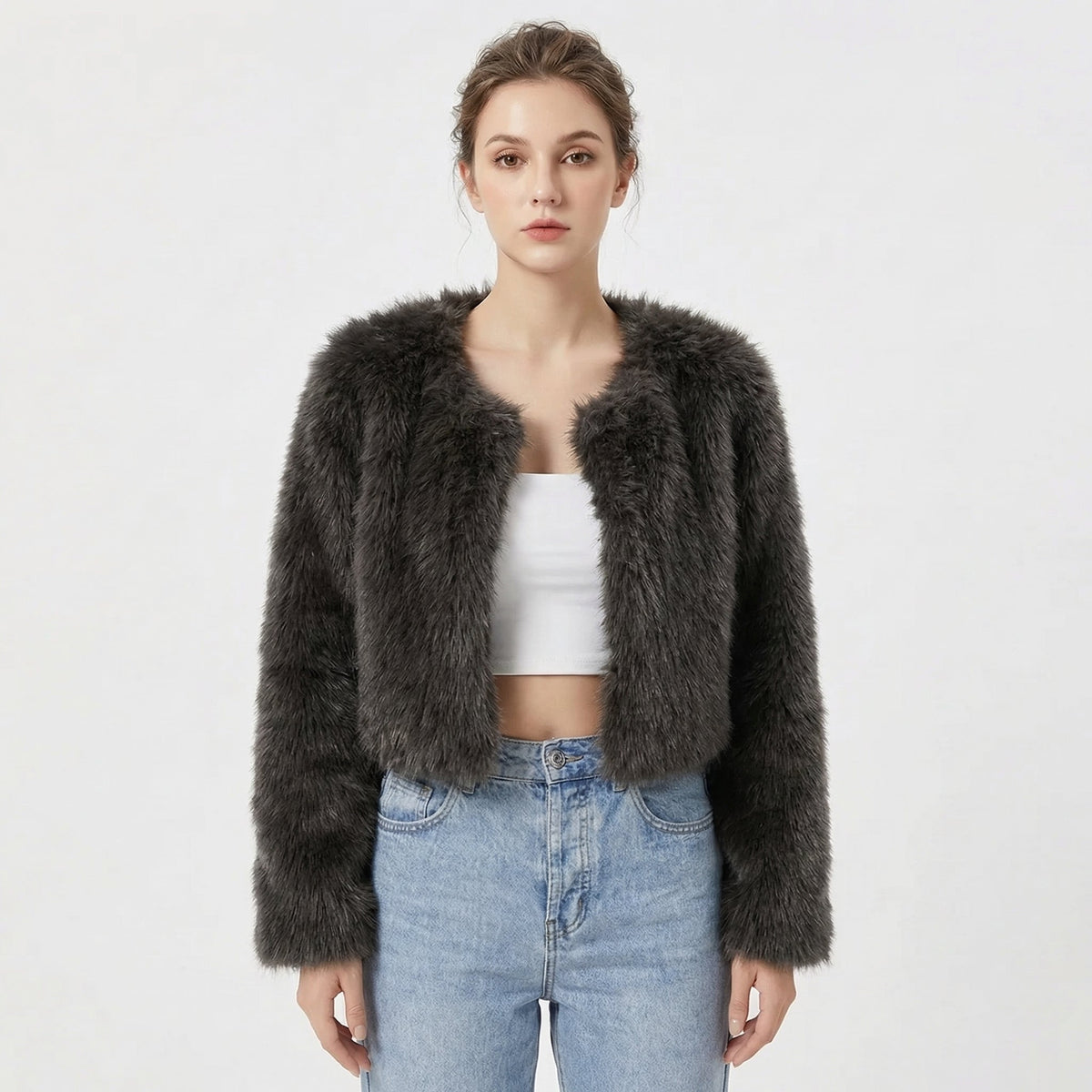 Women's cropped textured jacket with long sleeves and open front