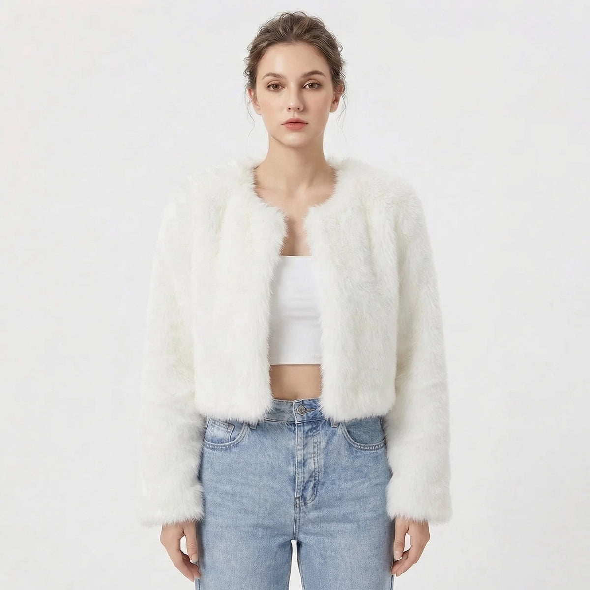 Women's cropped textured jacket with long sleeves and open front