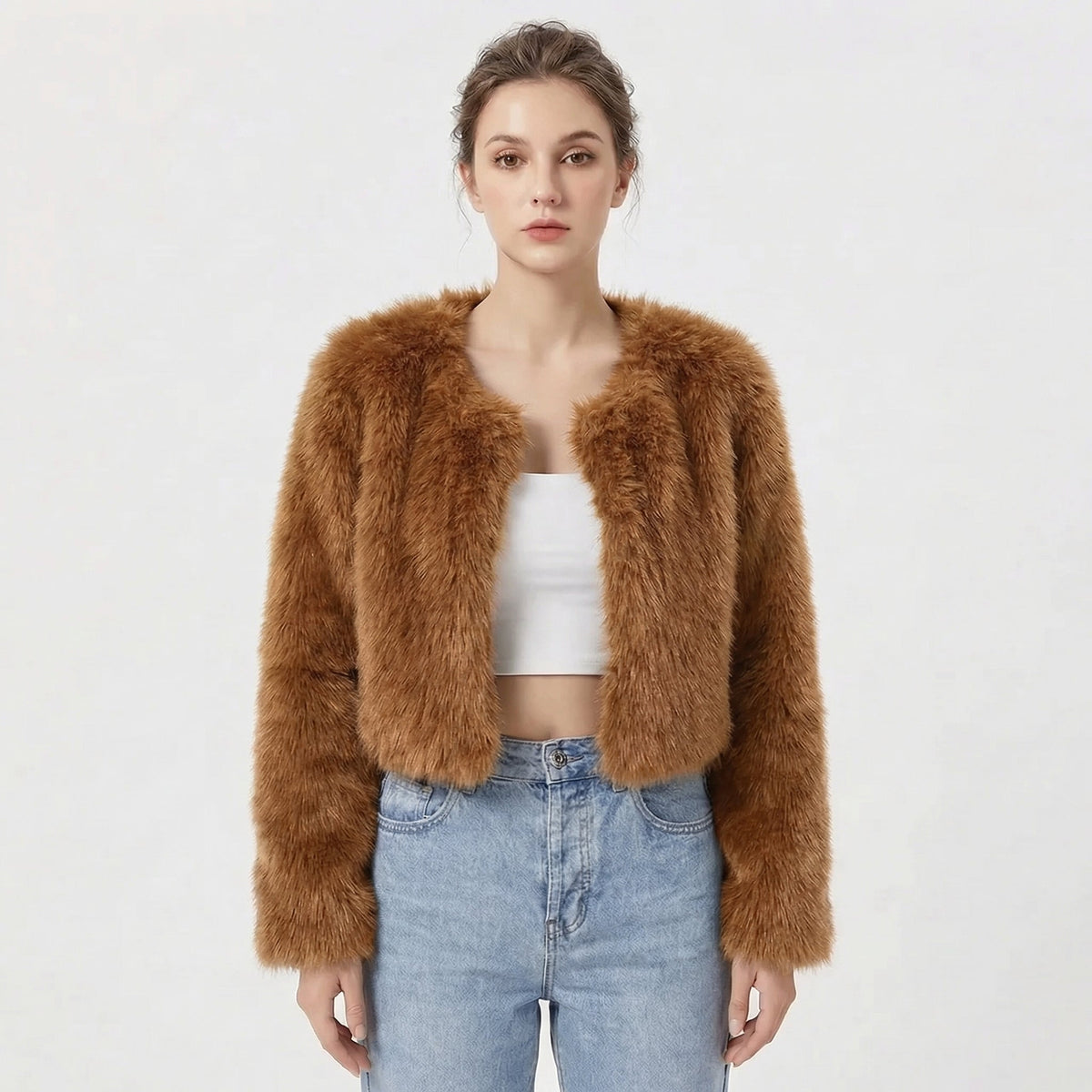 Women's cropped textured jacket with long sleeves and open front