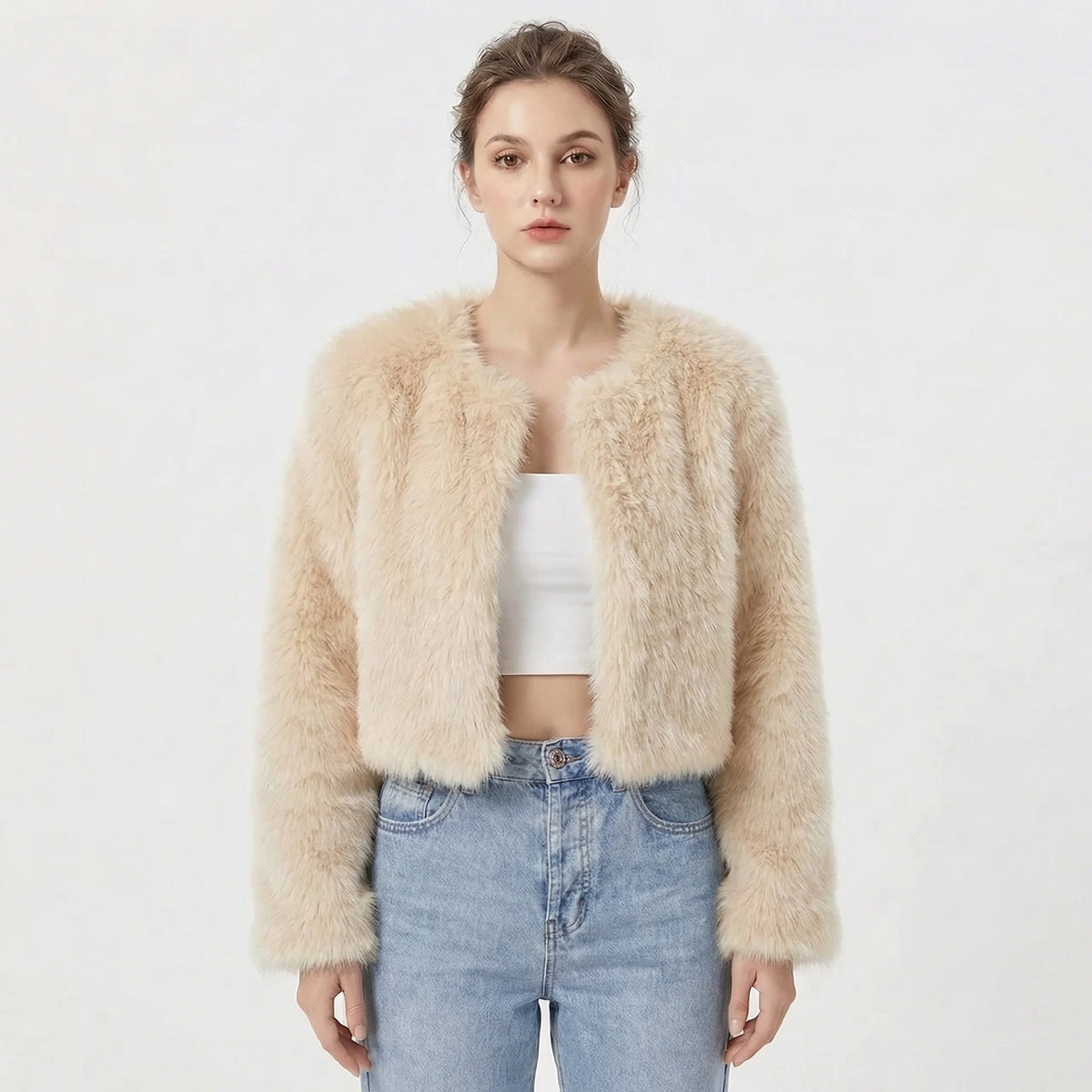 Women's cropped textured jacket with long sleeves and open front