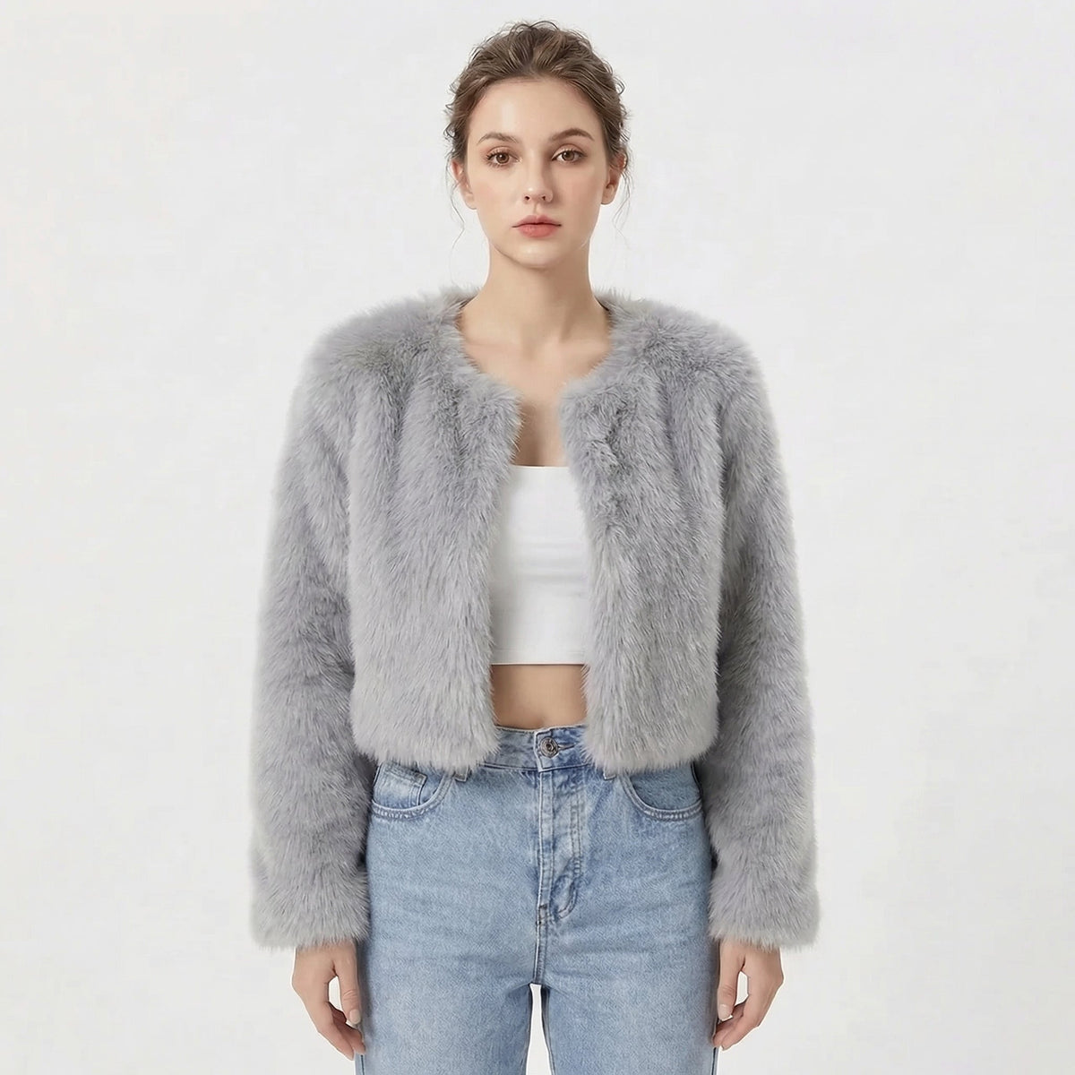 Women's cropped textured jacket with long sleeves and open front