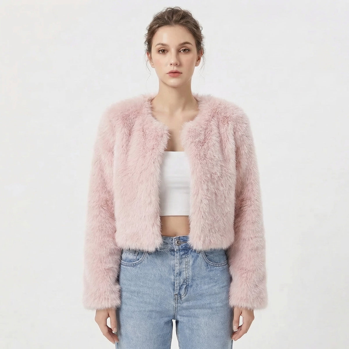 Women's cropped textured jacket with long sleeves and open front