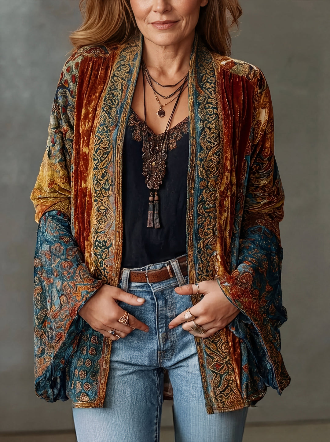 Women's burgundy paisley kimono cardigan with open front