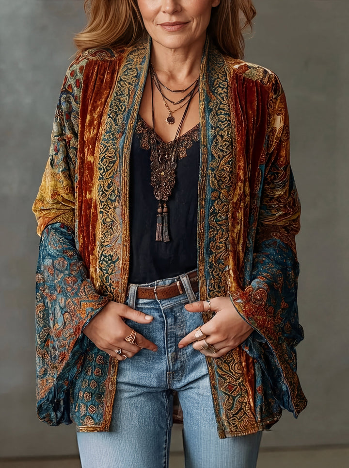 Women's burgundy paisley kimono cardigan with open front