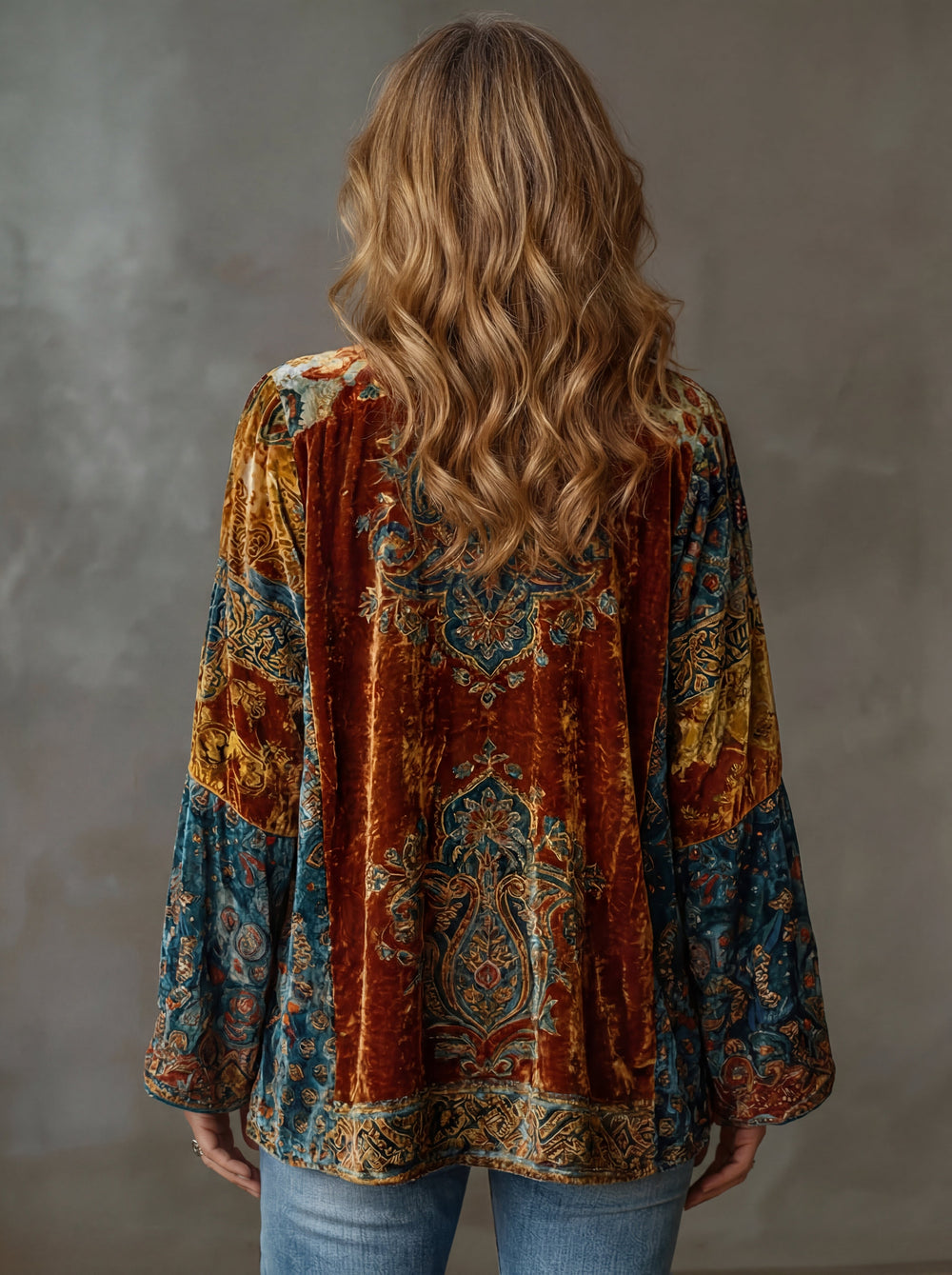 Women's burgundy paisley kimono cardigan with open front