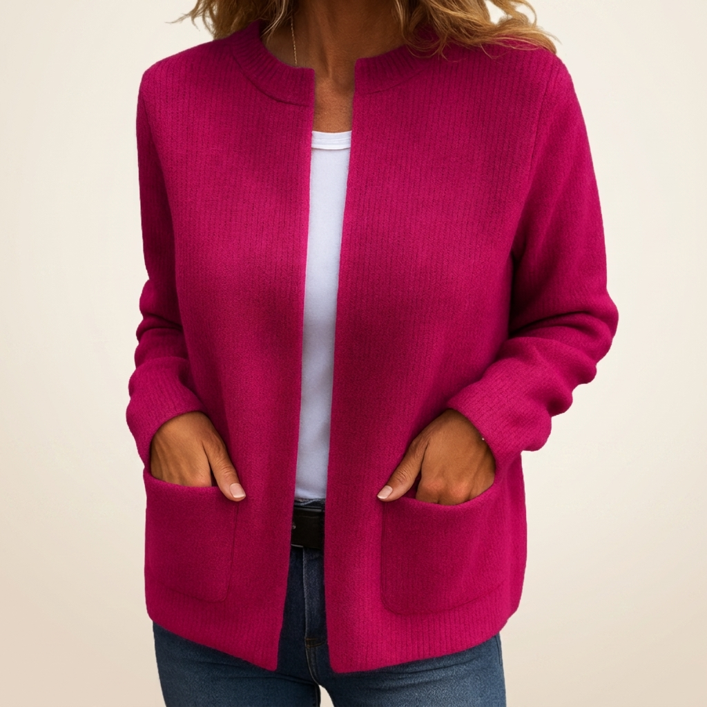 Women's ribbed knit cardigan with long sleeves and front patch pockets