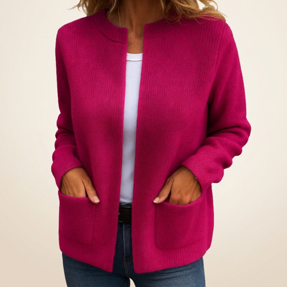 Women's ribbed knit cardigan with long sleeves and front patch pockets